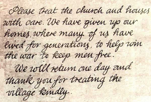 Note left on Tyneham Church door